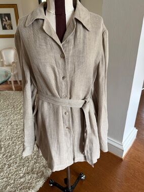 Rafaella Women's 100% Linen Belted Button Down Shirt Long Sleeve Khaki Size 12